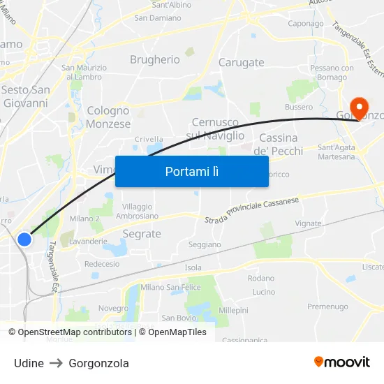 Udine to Gorgonzola map