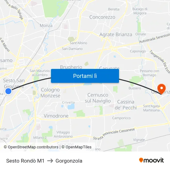 Sesto Rondò M1 to Gorgonzola map