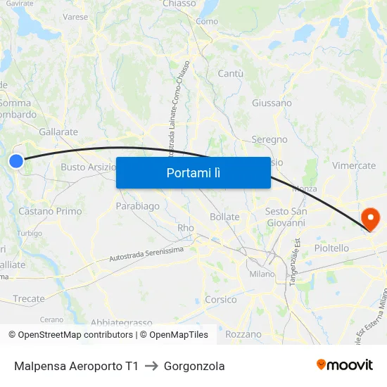 Malpensa Aeroporto T1 to Gorgonzola map