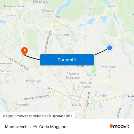 Montevecchia to Gorla Maggiore map
