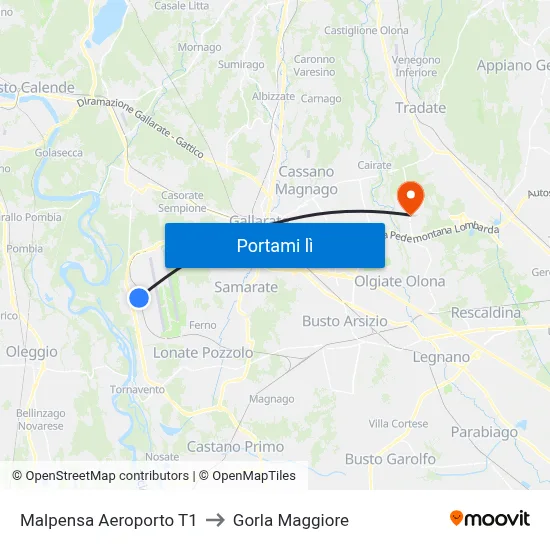 Malpensa Aeroporto T1 to Gorla Maggiore map