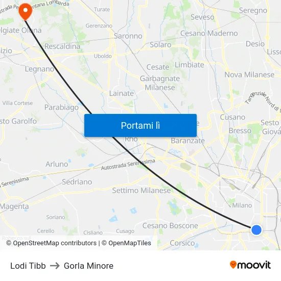 Lodi Tibb to Gorla Minore map