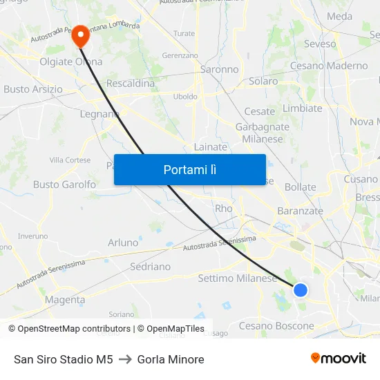 San Siro Stadio M5 to Gorla Minore map
