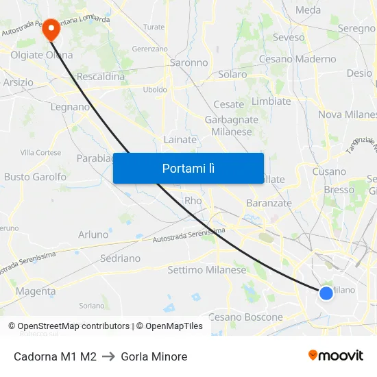 Cadorna M1 M2 to Gorla Minore map