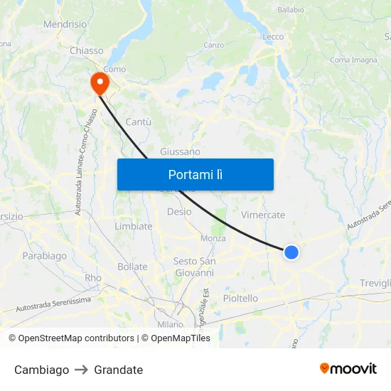 Cambiago to Grandate map