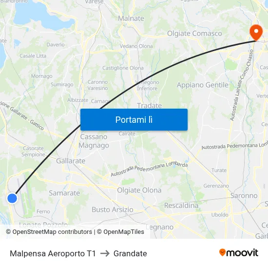 Malpensa Aeroporto T1 to Grandate map