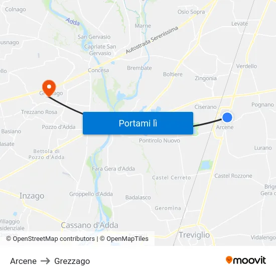 Arcene to Grezzago map