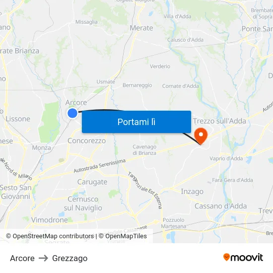 Arcore to Grezzago map