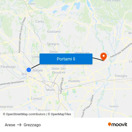 Arese to Grezzago map
