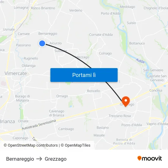 Bernareggio to Grezzago map