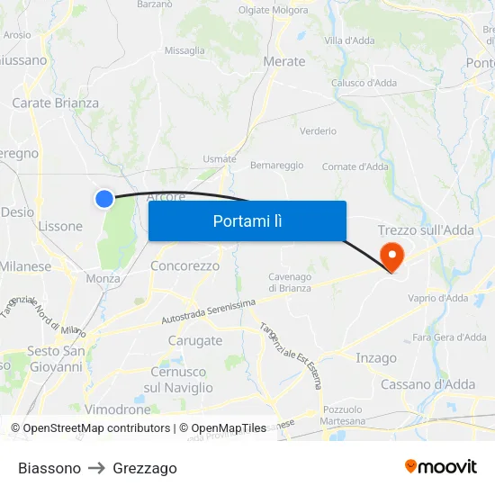 Biassono to Grezzago map