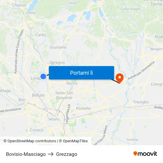 Bovisio-Masciago to Grezzago map