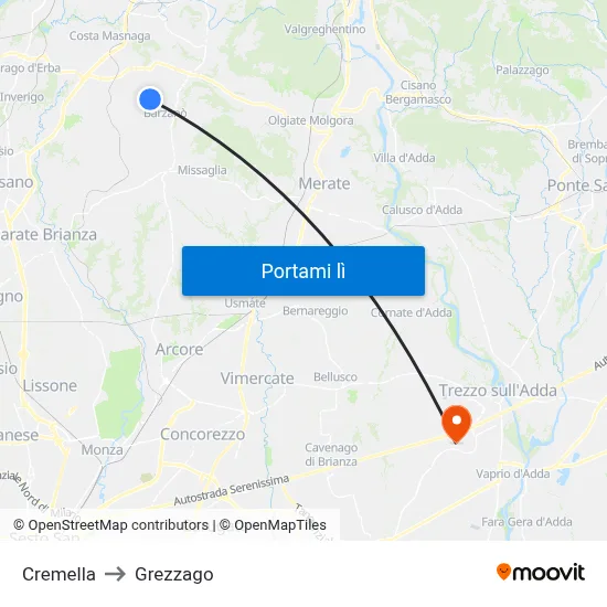 Cremella to Grezzago map