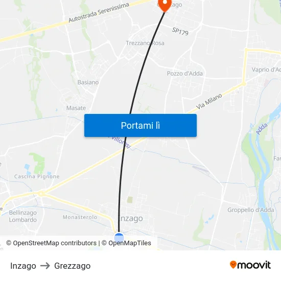Inzago to Grezzago map