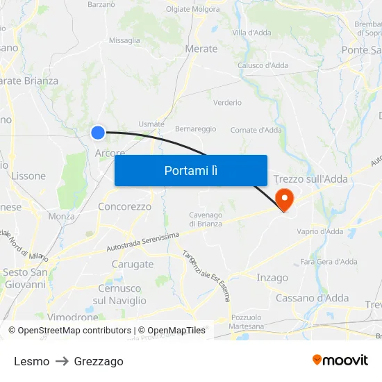 Lesmo to Grezzago map