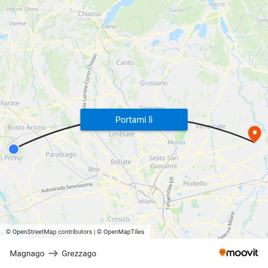 Magnago to Grezzago map