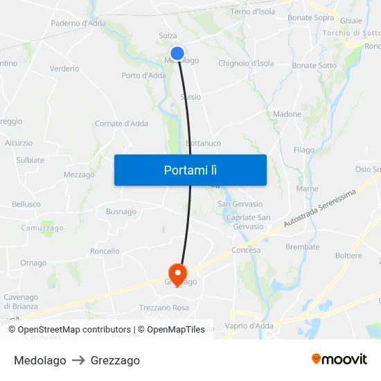 Medolago to Grezzago map