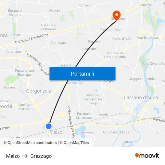 Melzo to Grezzago map