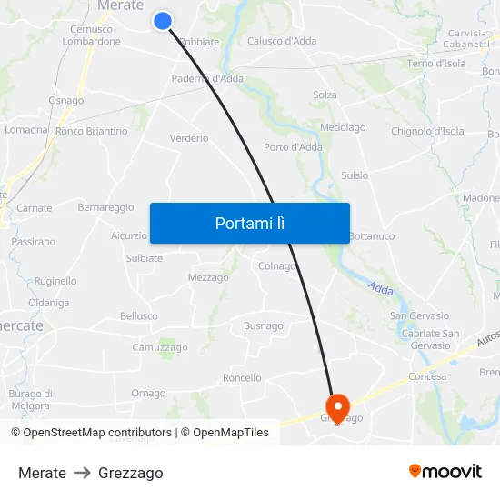 Merate to Grezzago map