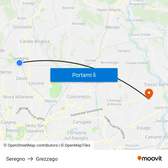 Seregno to Grezzago map