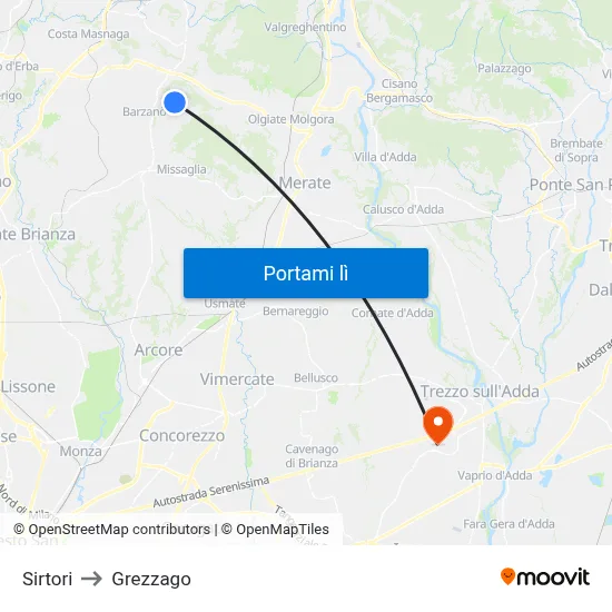 Sirtori to Grezzago map