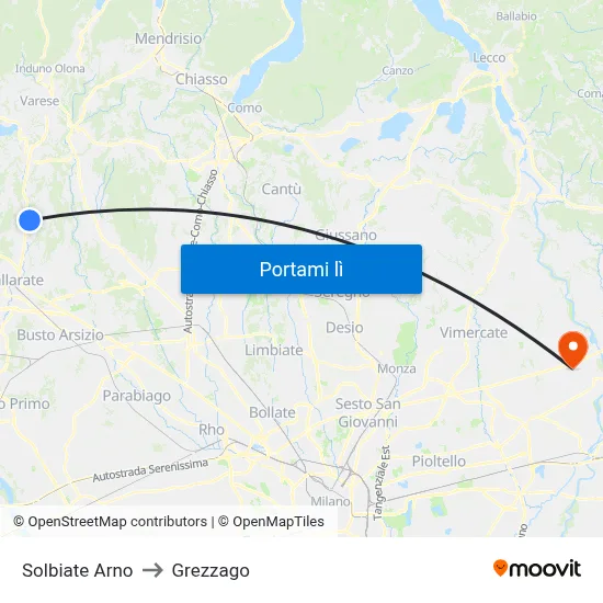 Solbiate Arno to Grezzago map