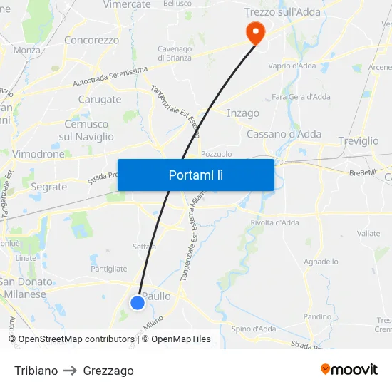 Tribiano to Grezzago map