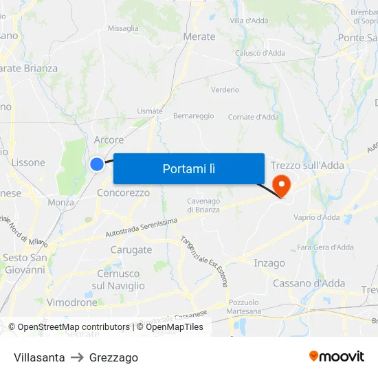 Villasanta to Grezzago map