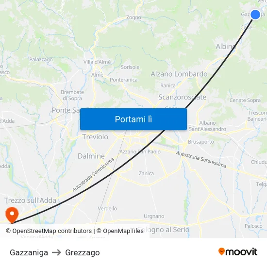 Gazzaniga to Grezzago map