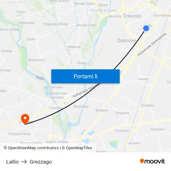 Lallio to Grezzago map