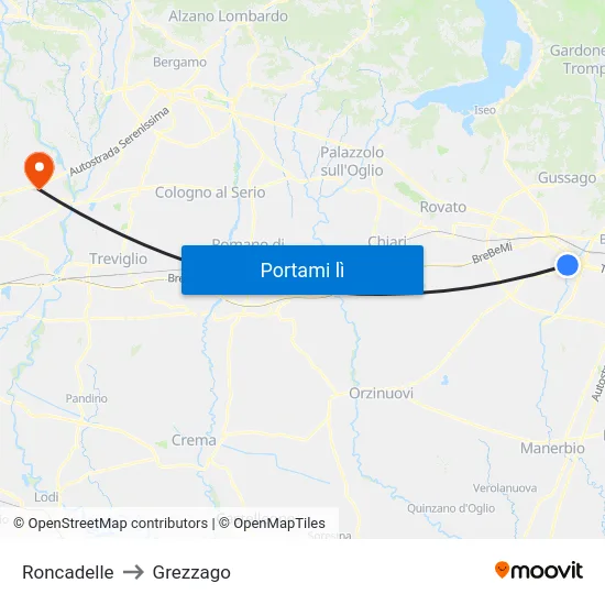 Roncadelle to Grezzago map