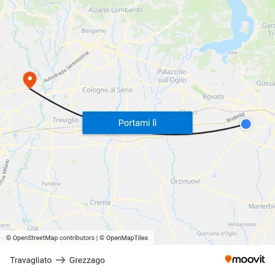 Travagliato to Grezzago map