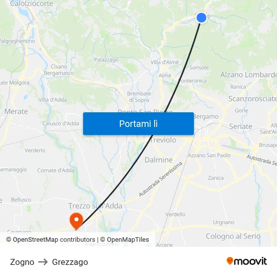 Zogno to Grezzago map