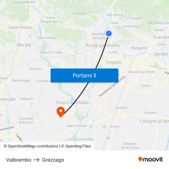 Valbrembo to Grezzago map