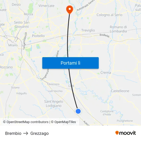 Brembio to Grezzago map