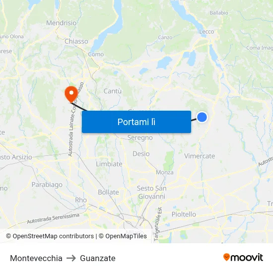 Montevecchia to Guanzate map