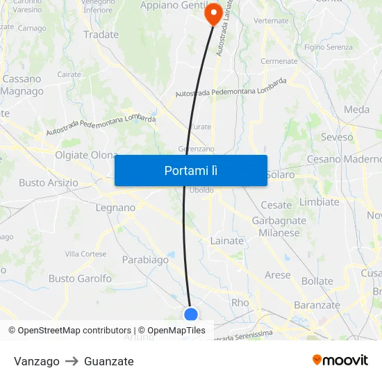 Vanzago to Guanzate map