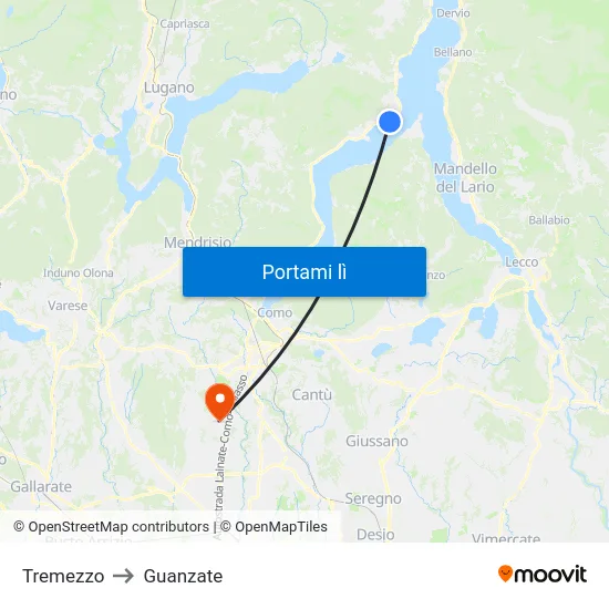Tremezzo to Guanzate map