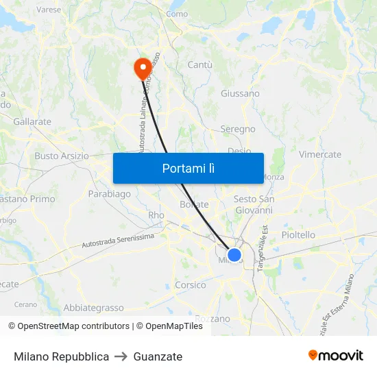 Milano Repubblica to Guanzate map