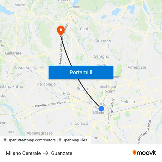 Milano Centrale to Guanzate map