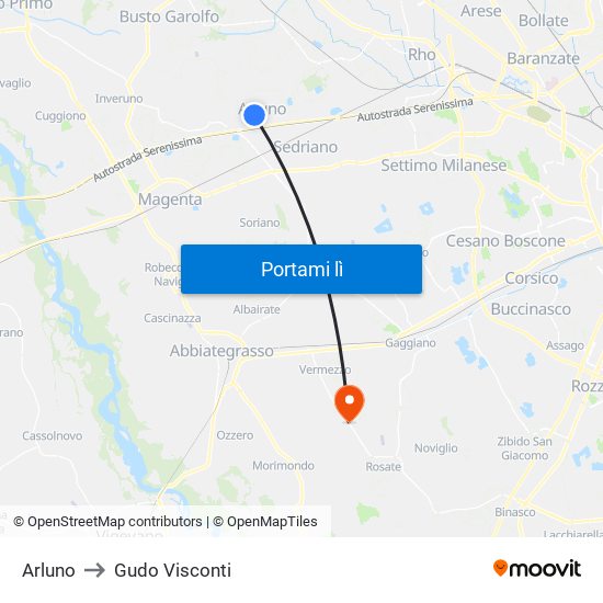 Arluno to Gudo Visconti map