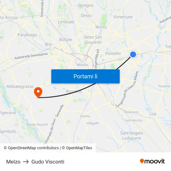 Melzo to Gudo Visconti map