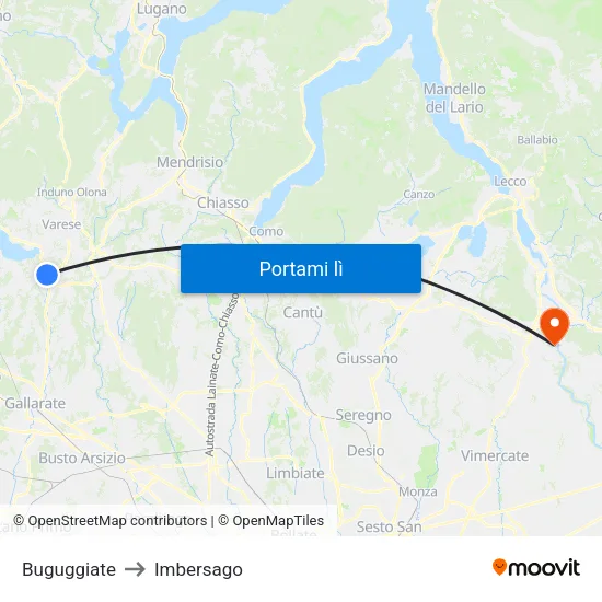 Buguggiate to Imbersago map