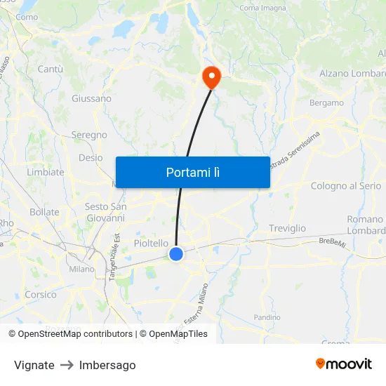 Vignate to Imbersago map