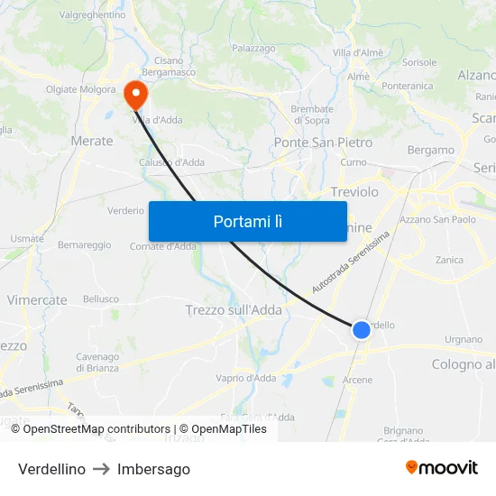 Verdellino to Imbersago map