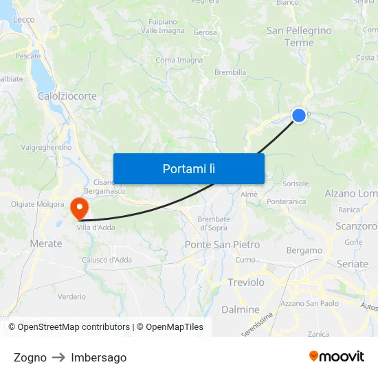 Zogno to Imbersago map