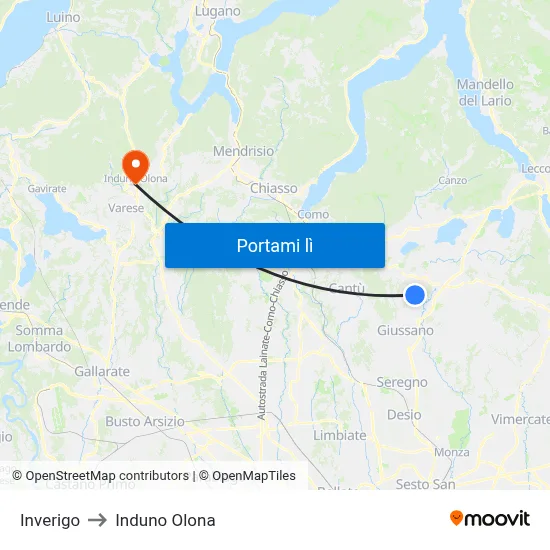 Inverigo to Induno Olona map