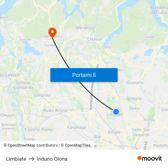 Limbiate to Induno Olona map