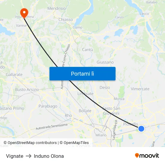 Vignate to Induno Olona map