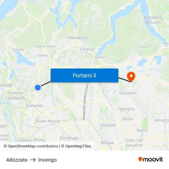Albizzate to Inverigo map